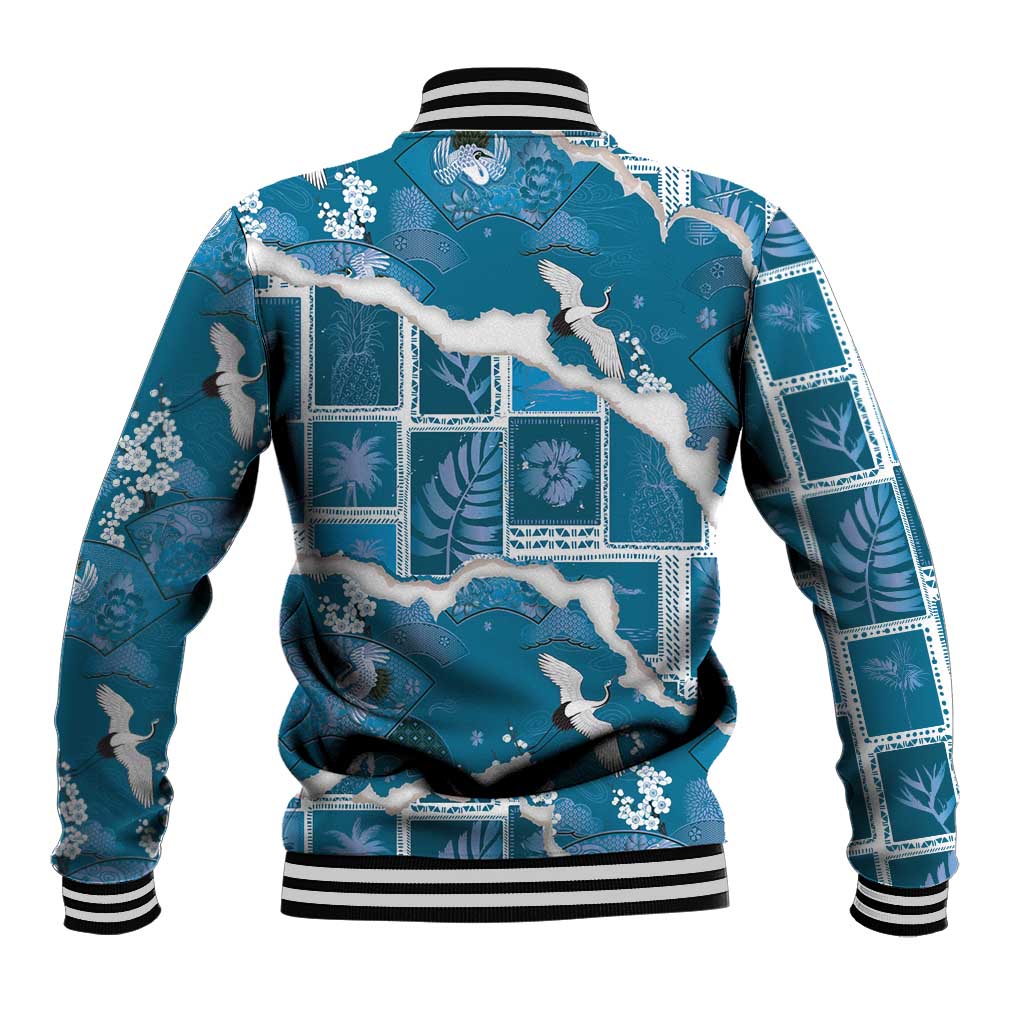 Hawaii Japanese Culture Blue Baseball Jacket Spring Cranes Aloha Pattern LT01 - Polynesian Pride
