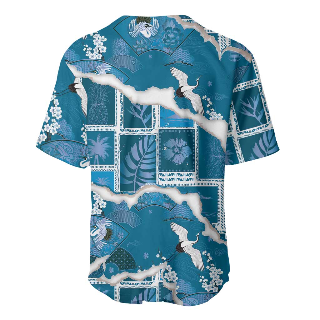Hawaii Japanese Culture Blue Baseball Jersey Spring Cranes Aloha Pattern LT01 - Polynesian Pride