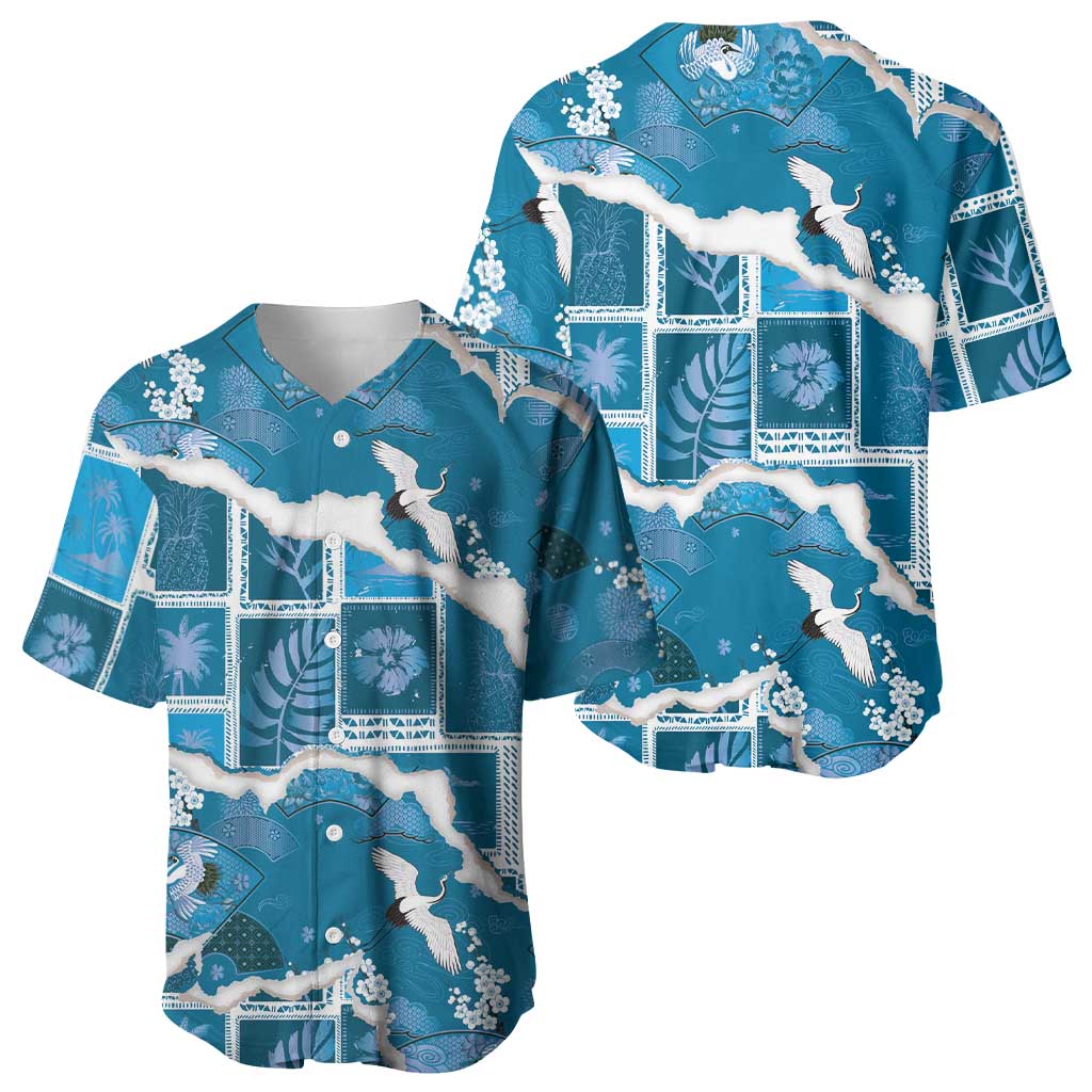 Hawaii Japanese Culture Blue Baseball Jersey Spring Cranes Aloha Pattern LT01 - Polynesian Pride