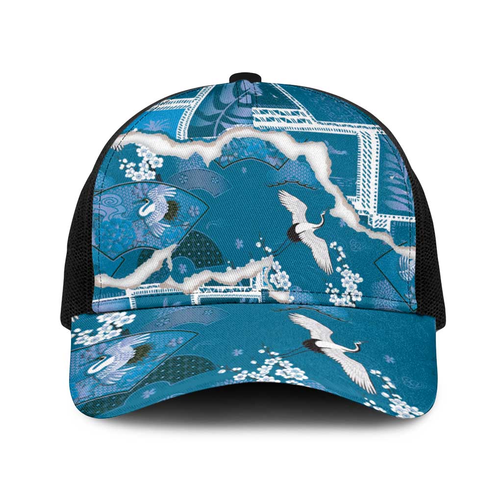 Hawaii Japanese Culture Blue Baseball Net Cap Spring Cranes Aloha Pattern LT01 One Size Black Blue - Polynesian Pride