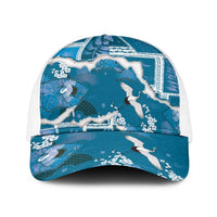 Hawaii Japanese Culture Blue Baseball Net Cap Spring Cranes Aloha Pattern LT01 One Size White Blue - Polynesian Pride
