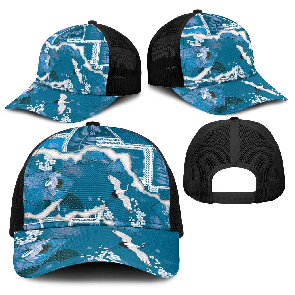 Hawaii Japanese Culture Blue Baseball Net Cap Spring Cranes Aloha Pattern LT01 - Polynesian Pride