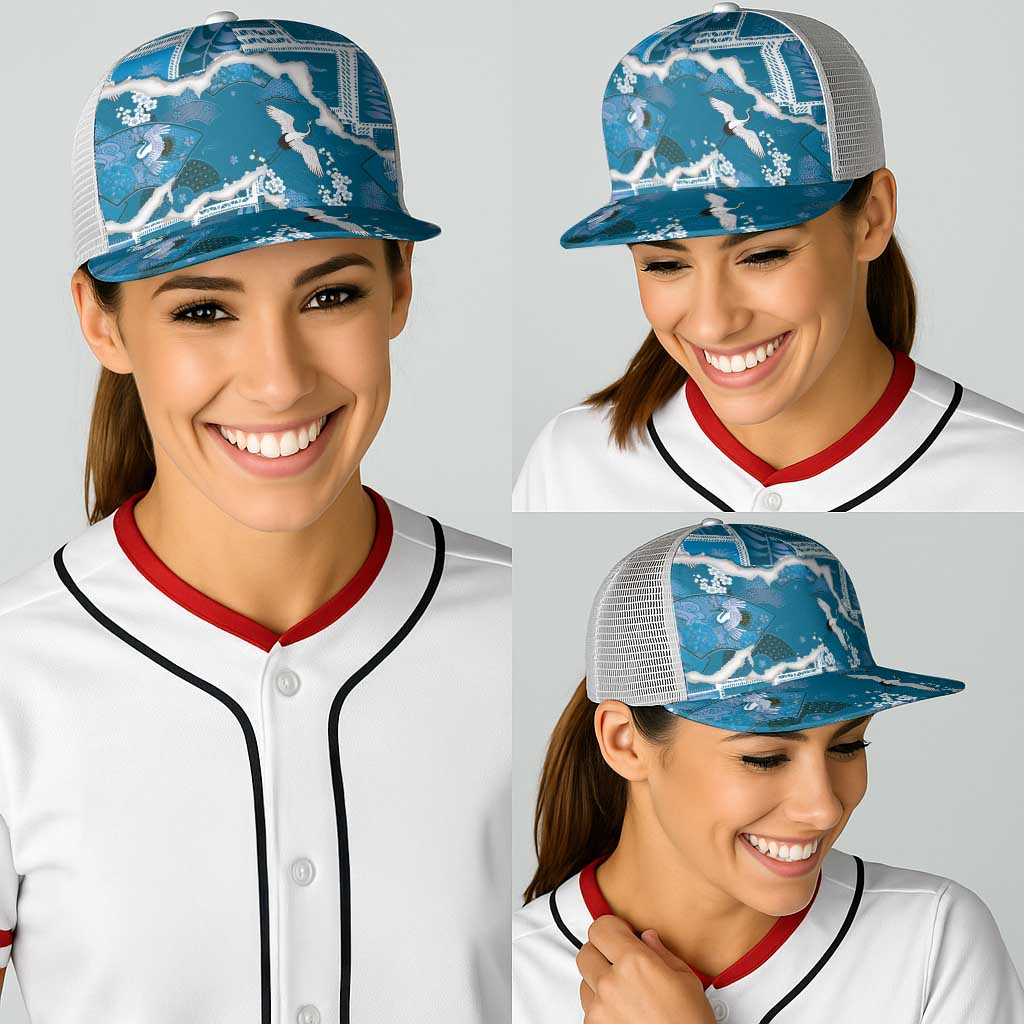Hawaii Japanese Culture Blue Baseball Net Cap Spring Cranes Aloha Pattern LT01 - Polynesian Pride