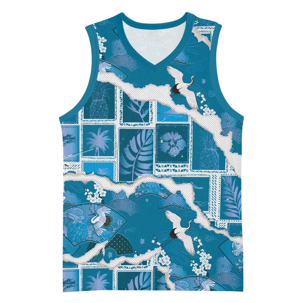 Hawaii Japanese Culture Blue Basketball Jersey Spring Cranes Aloha Pattern LT01 Unisex Blue - Polynesian Pride