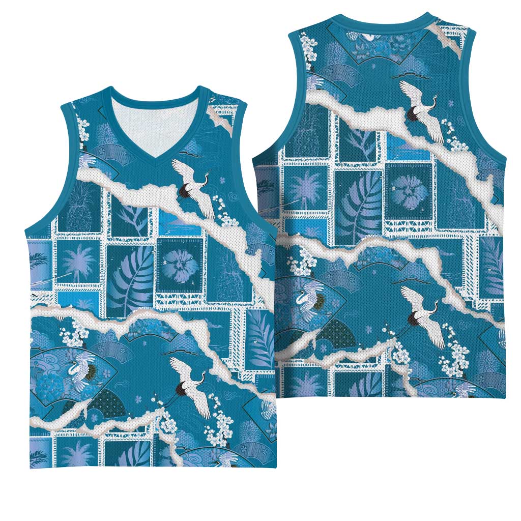 Hawaii Japanese Culture Blue Basketball Jersey Spring Cranes Aloha Pattern LT01 - Polynesian Pride