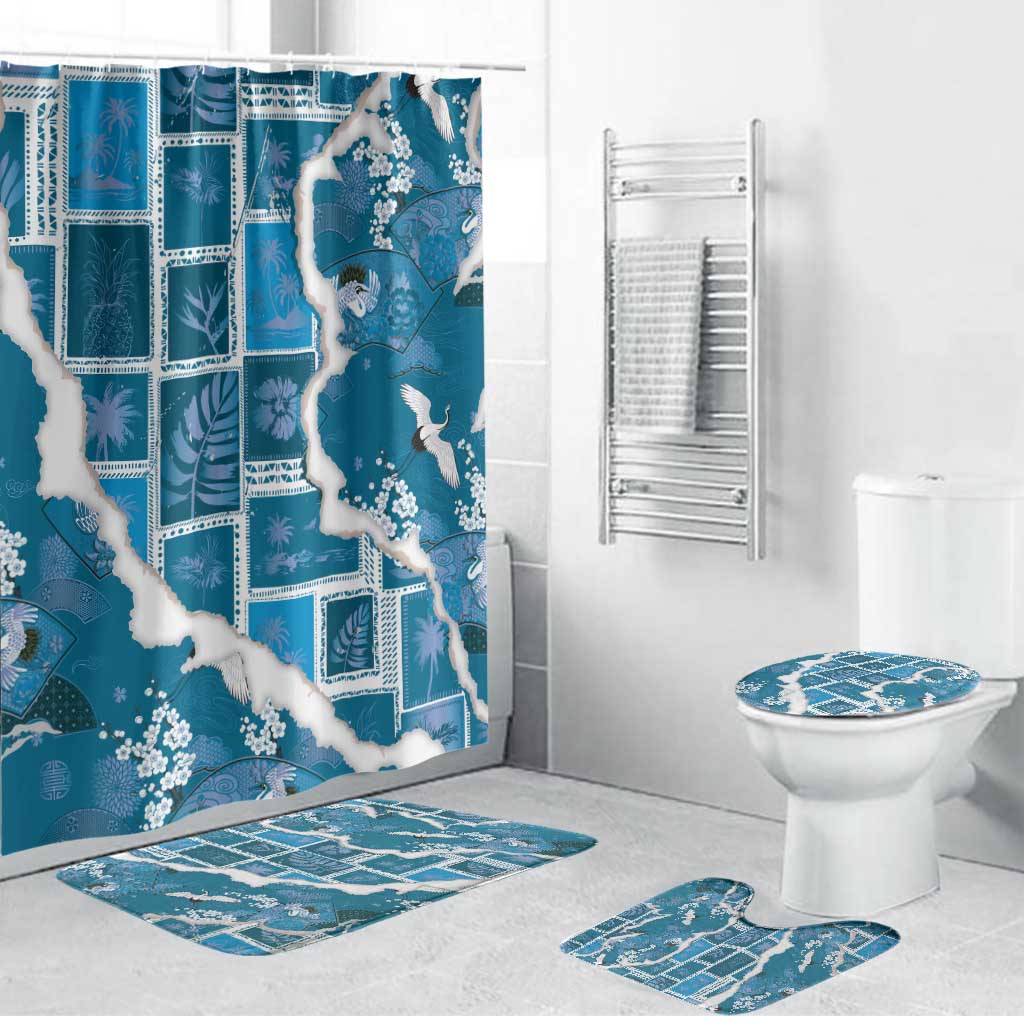 Hawaii Japanese Culture Blue Bathroom Set Spring Cranes Aloha Pattern LT01 Bathroom Set (4 pcs) Blue - Polynesian Pride