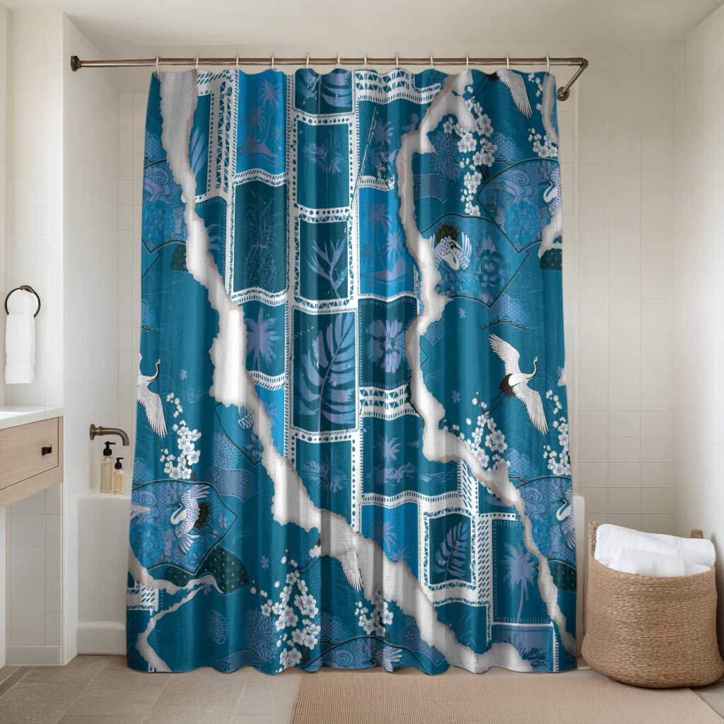 Hawaii Japanese Culture Blue Bathroom Set Spring Cranes Aloha Pattern LT01 Shower Curtain Only Blue - Polynesian Pride