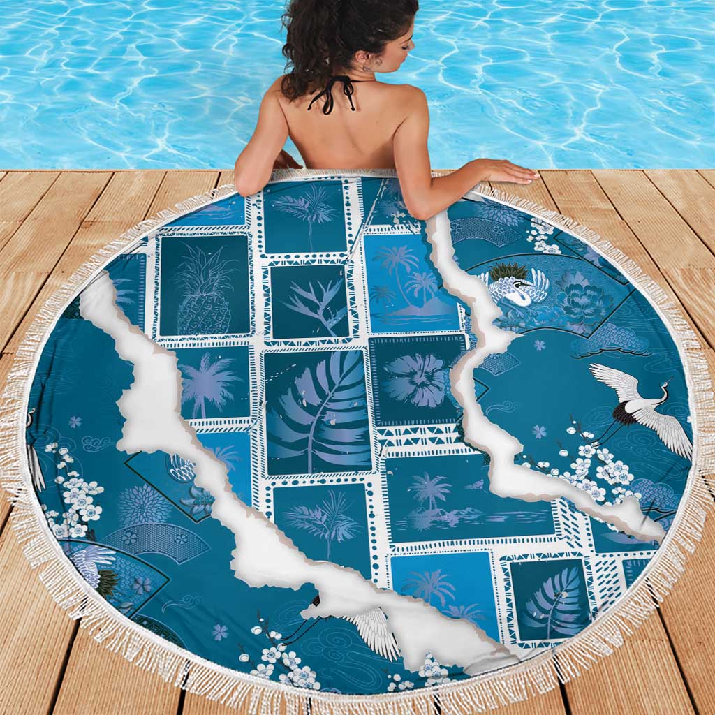 Hawaii Japanese Culture Blue Beach Blanket Spring Cranes Aloha Pattern LT01 - Polynesian Pride