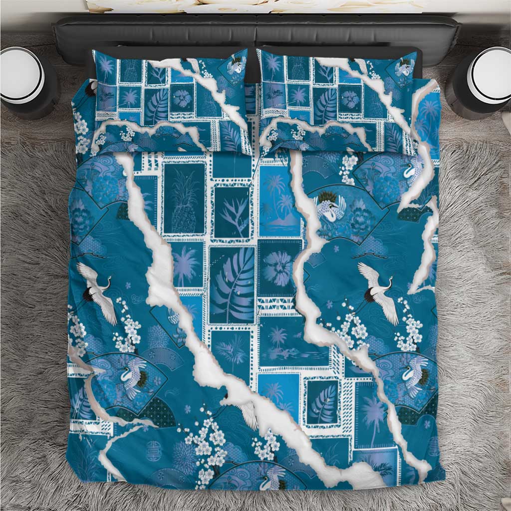 Hawaii Japanese Culture Blue Bedding Set Spring Cranes Aloha Pattern