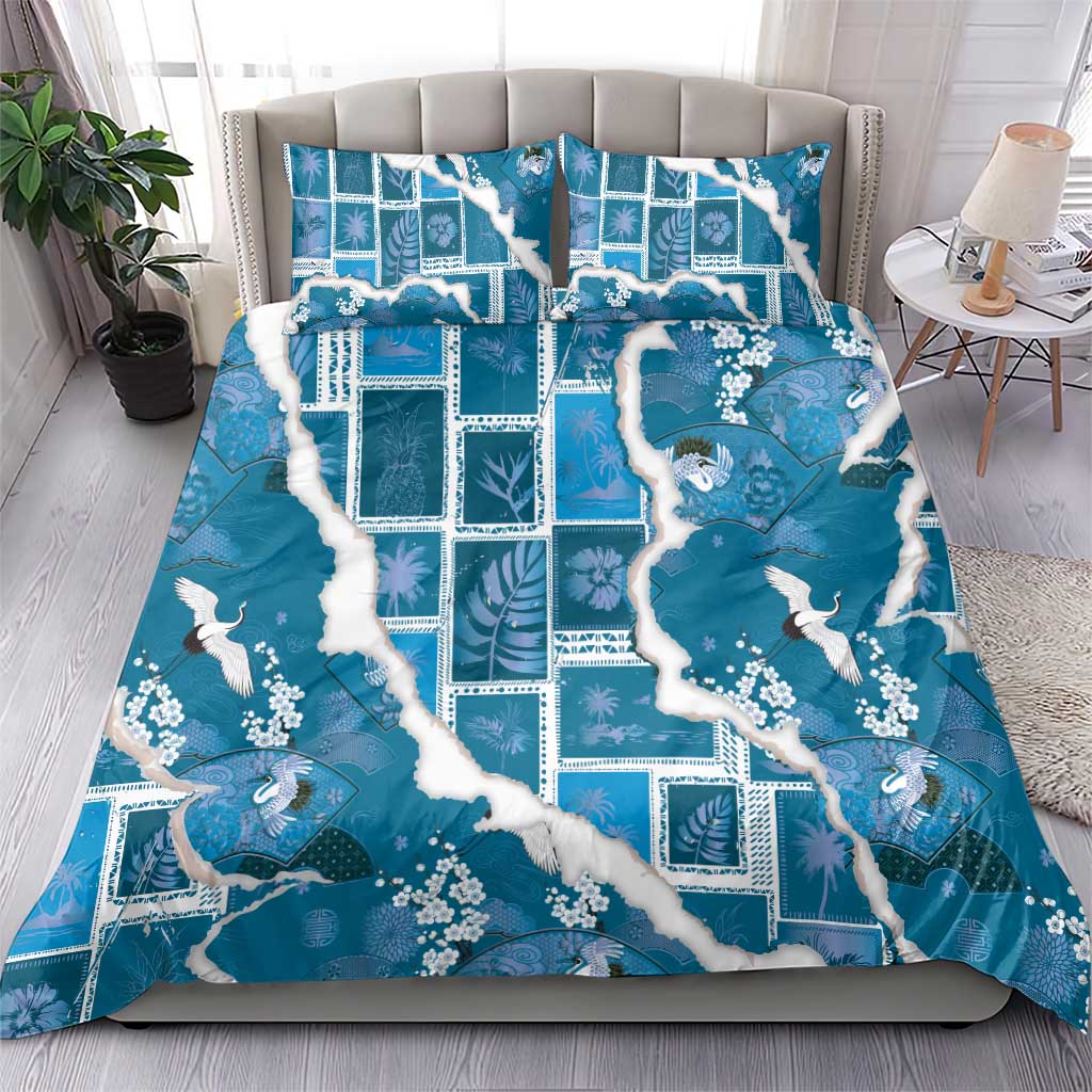 Hawaii Japanese Culture Blue Bedding Set Spring Cranes Aloha Pattern