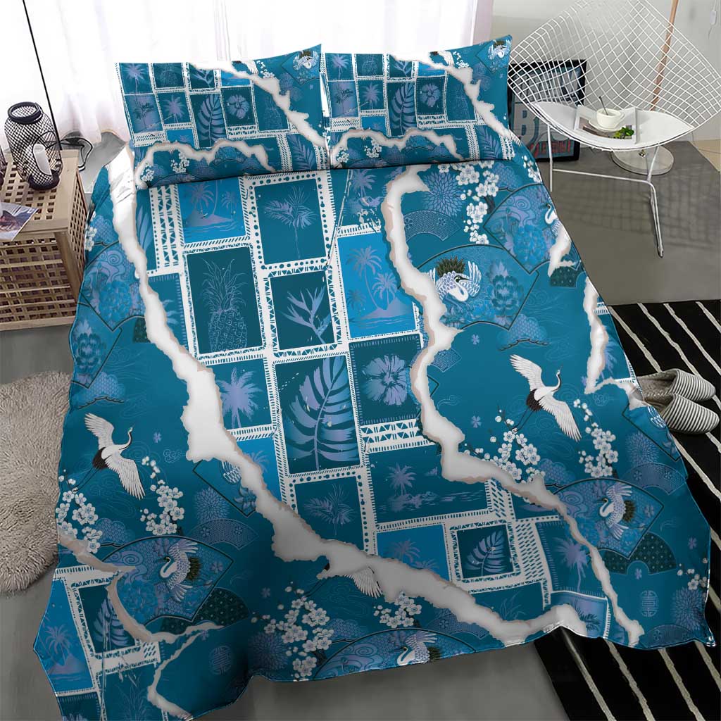 Hawaii Japanese Culture Blue Bedding Set Spring Cranes Aloha Pattern