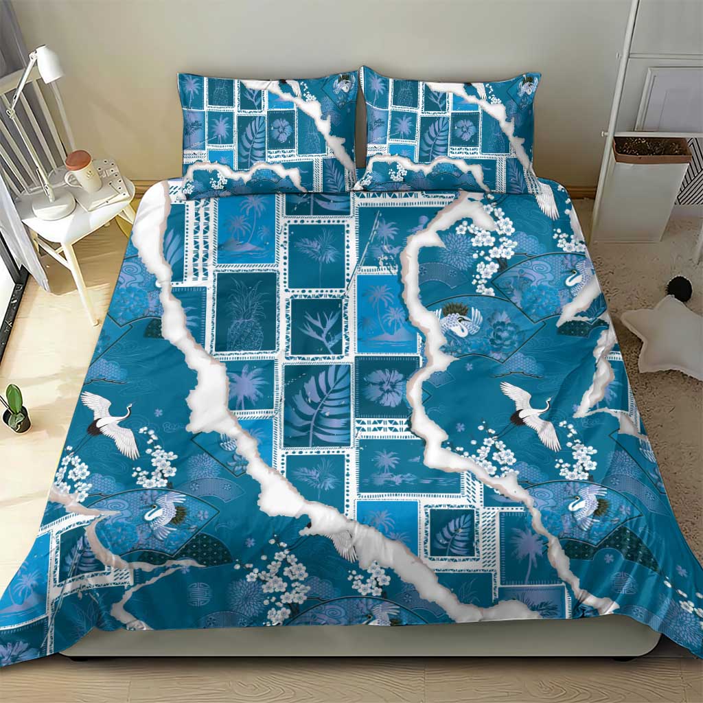 Hawaii Japanese Culture Blue Bedding Set Spring Cranes Aloha Pattern
