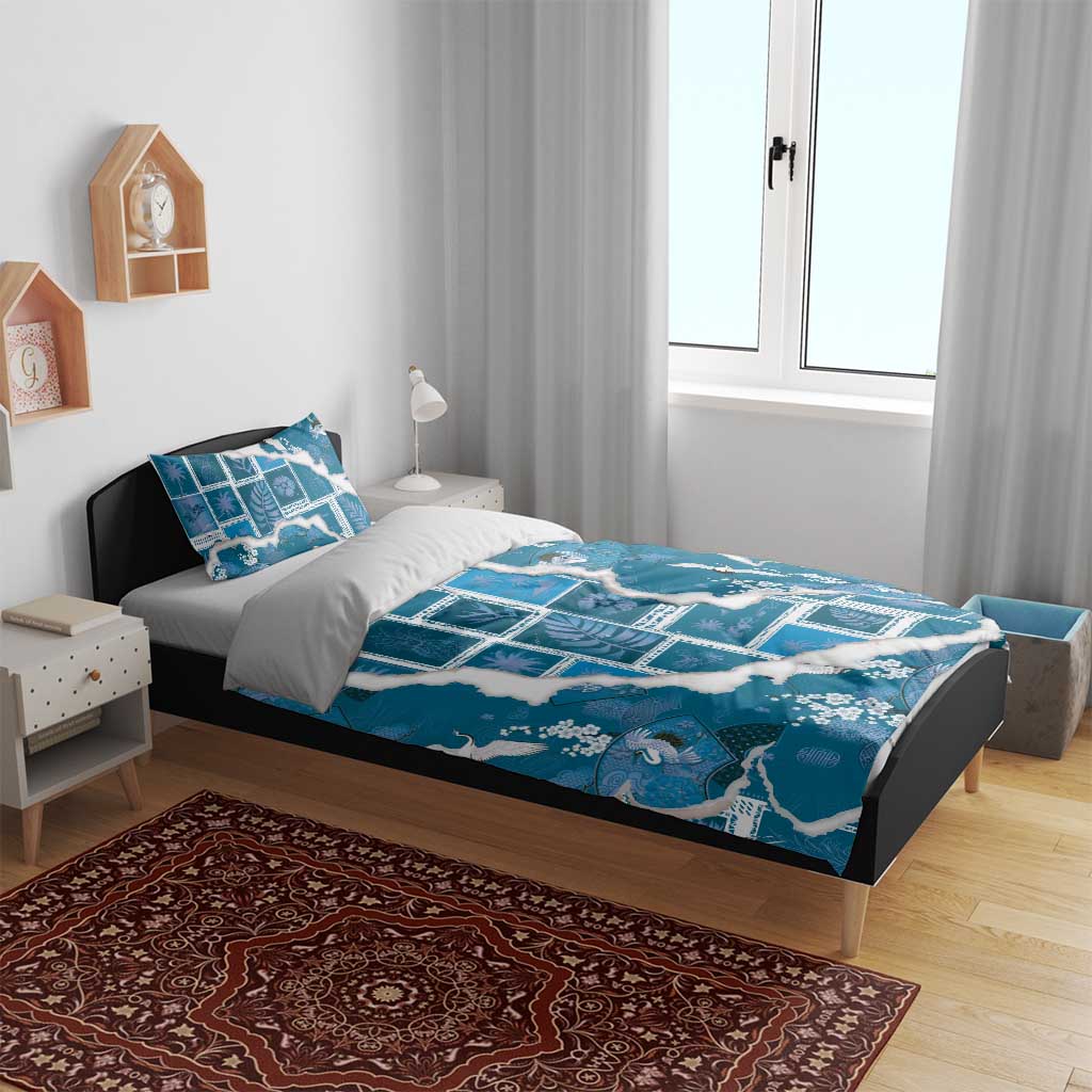 Hawaii Japanese Culture Blue Bedding Set Spring Cranes Aloha Pattern