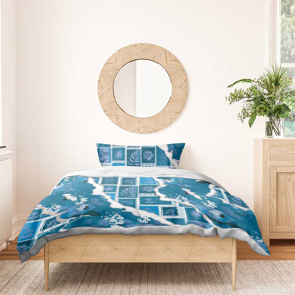 Hawaii Japanese Culture Blue Bedding Set Spring Cranes Aloha Pattern