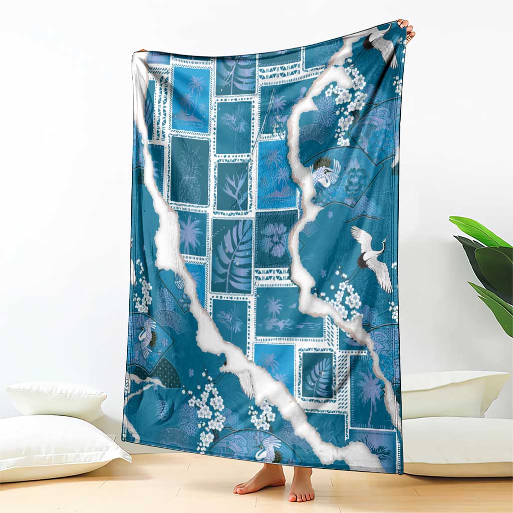 Hawaii Japanese Culture Blue Blanket Spring Cranes Aloha Pattern LT01 - Polynesian Pride