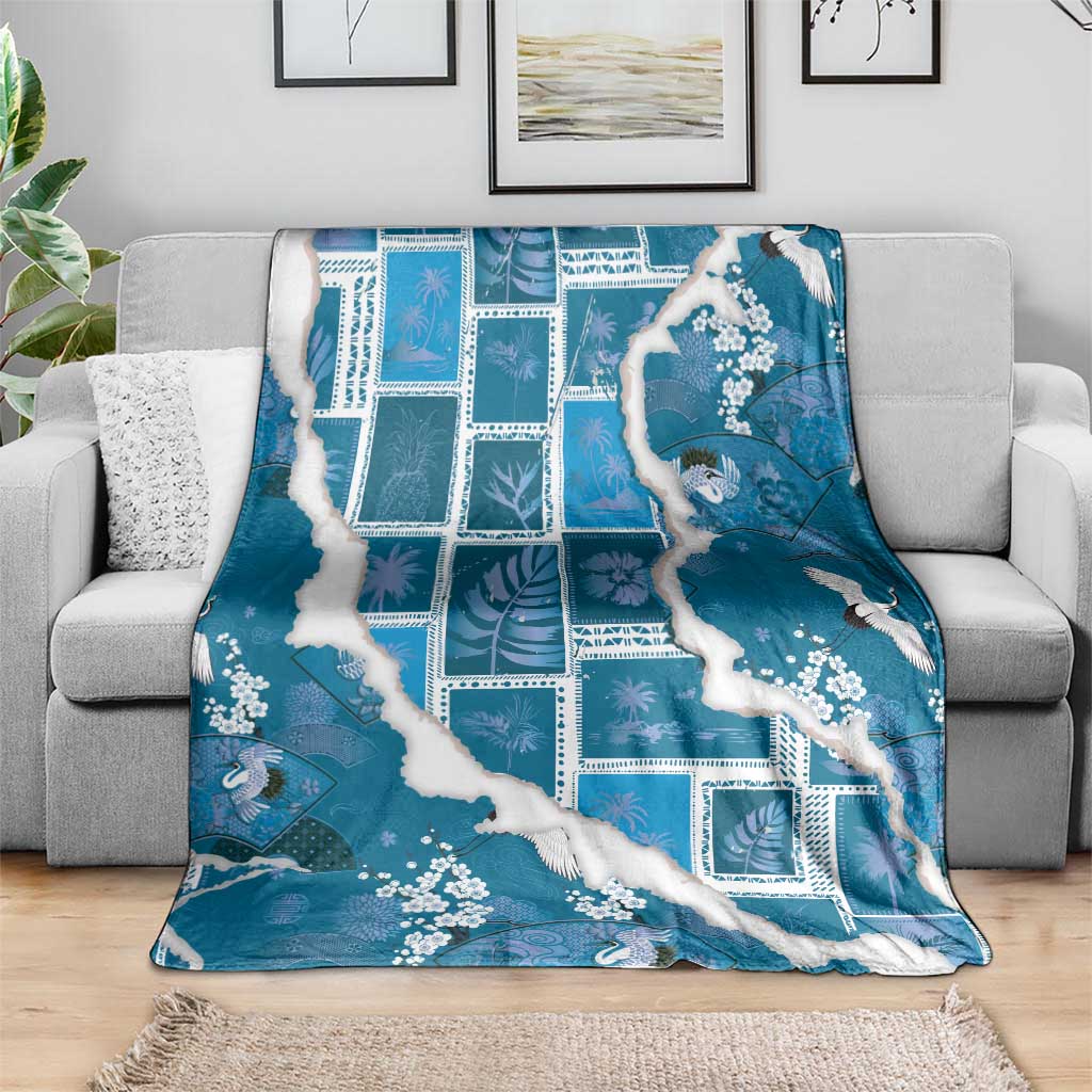 Hawaii Japanese Culture Blue Blanket Spring Cranes Aloha Pattern LT01 - Polynesian Pride