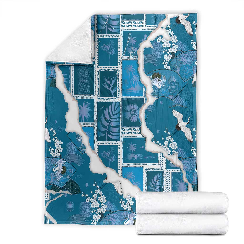 Hawaii Japanese Culture Blue Blanket Spring Cranes Aloha Pattern LT01 - Polynesian Pride