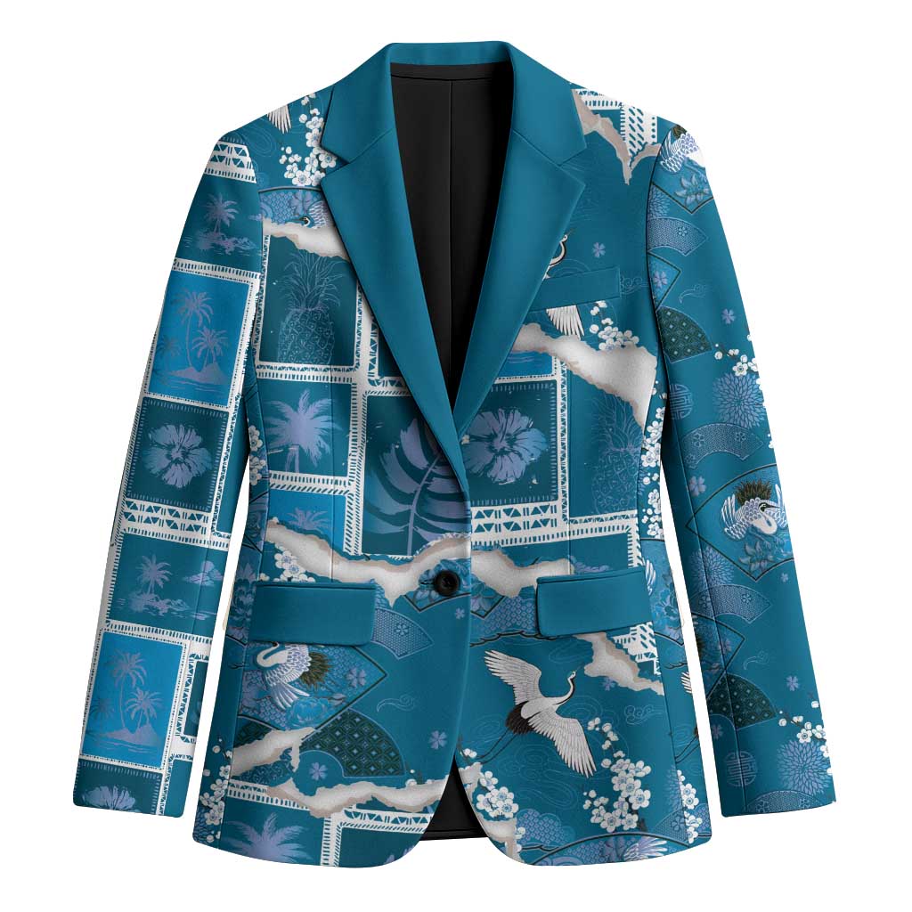 Hawaii Japanese Culture Blue Blazer Spring Cranes Aloha Pattern LT01 Unisex Blue - Polynesian Pride