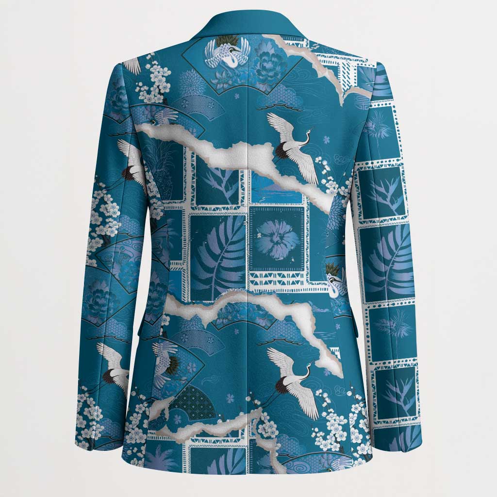 Hawaii Japanese Culture Blue Blazer Spring Cranes Aloha Pattern LT01 - Polynesian Pride