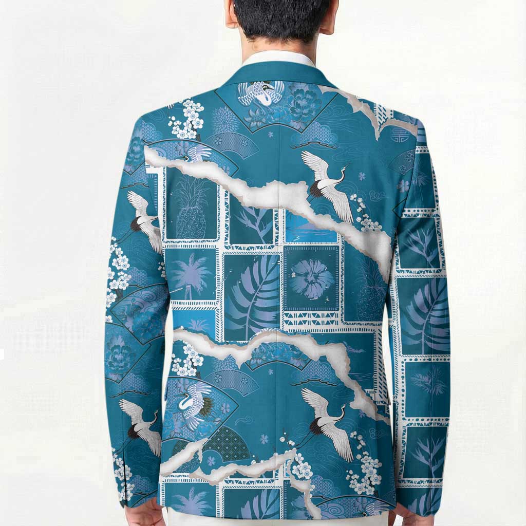 Hawaii Japanese Culture Blue Blazer Spring Cranes Aloha Pattern LT01 - Polynesian Pride