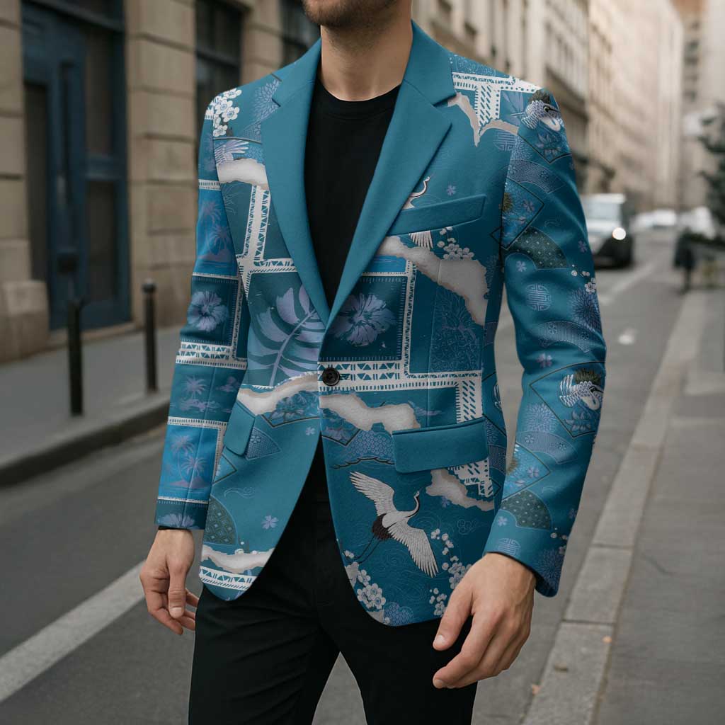 Hawaii Japanese Culture Blue Blazer Spring Cranes Aloha Pattern LT01 - Polynesian Pride