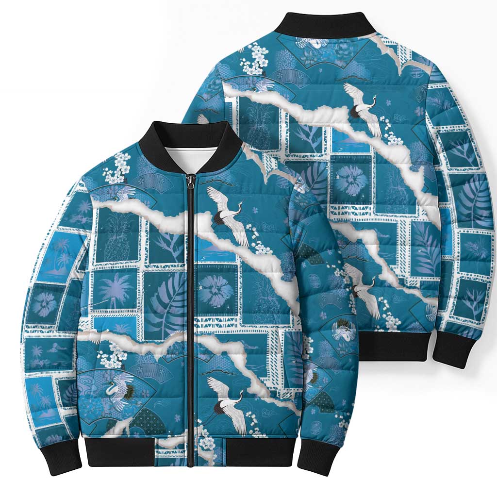 Hawaii Japanese Culture Blue Bomber Puffer Jacket Spring Cranes Aloha Pattern LT01 - Polynesian Pride