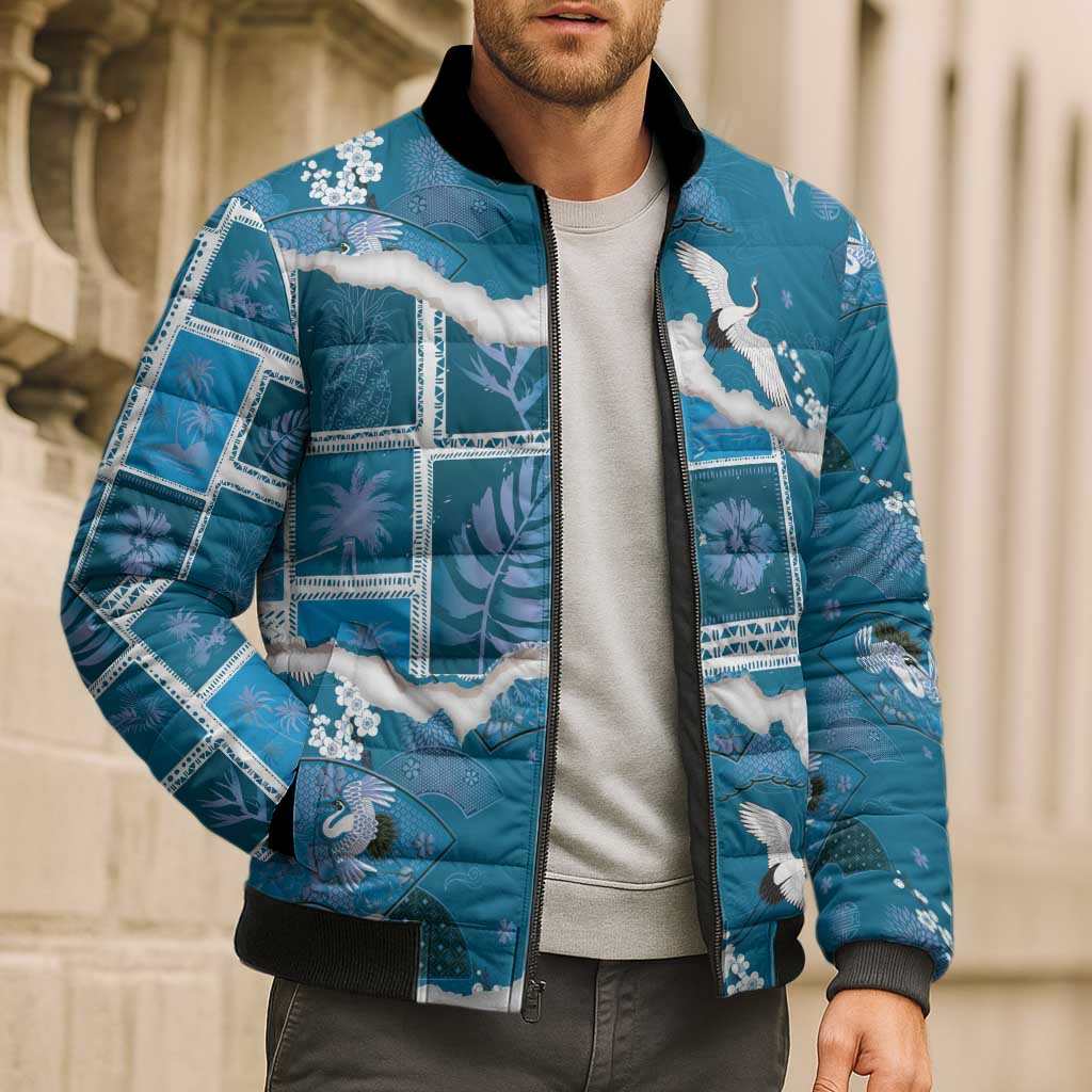 Hawaii Japanese Culture Blue Bomber Puffer Jacket Spring Cranes Aloha Pattern LT01 - Polynesian Pride