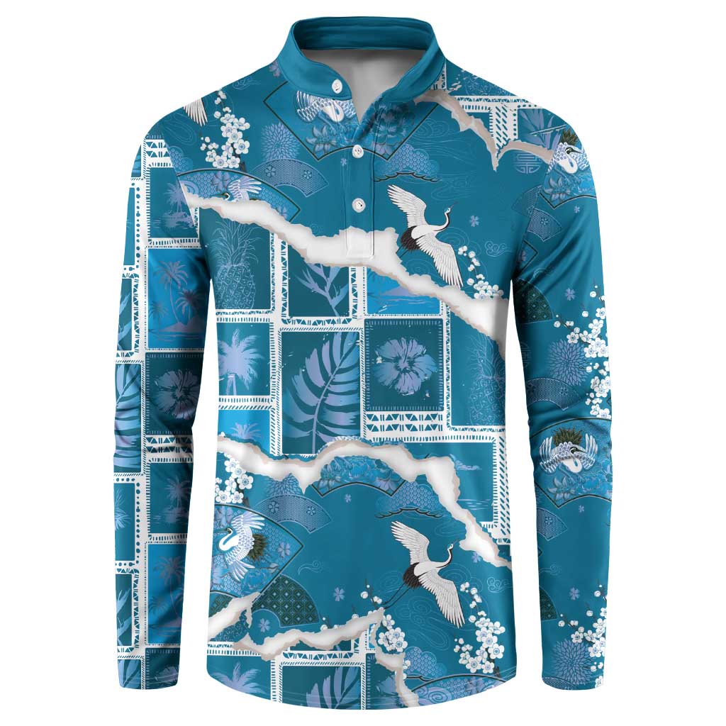 Hawaii Japanese Culture Blue Button Sweatshirt Spring Cranes Aloha Pattern LT01 Blue - Polynesian Pride