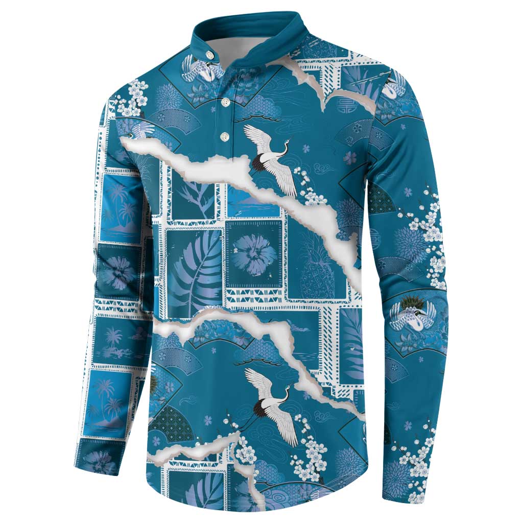 Hawaii Japanese Culture Blue Button Sweatshirt Spring Cranes Aloha Pattern LT01 - Polynesian Pride