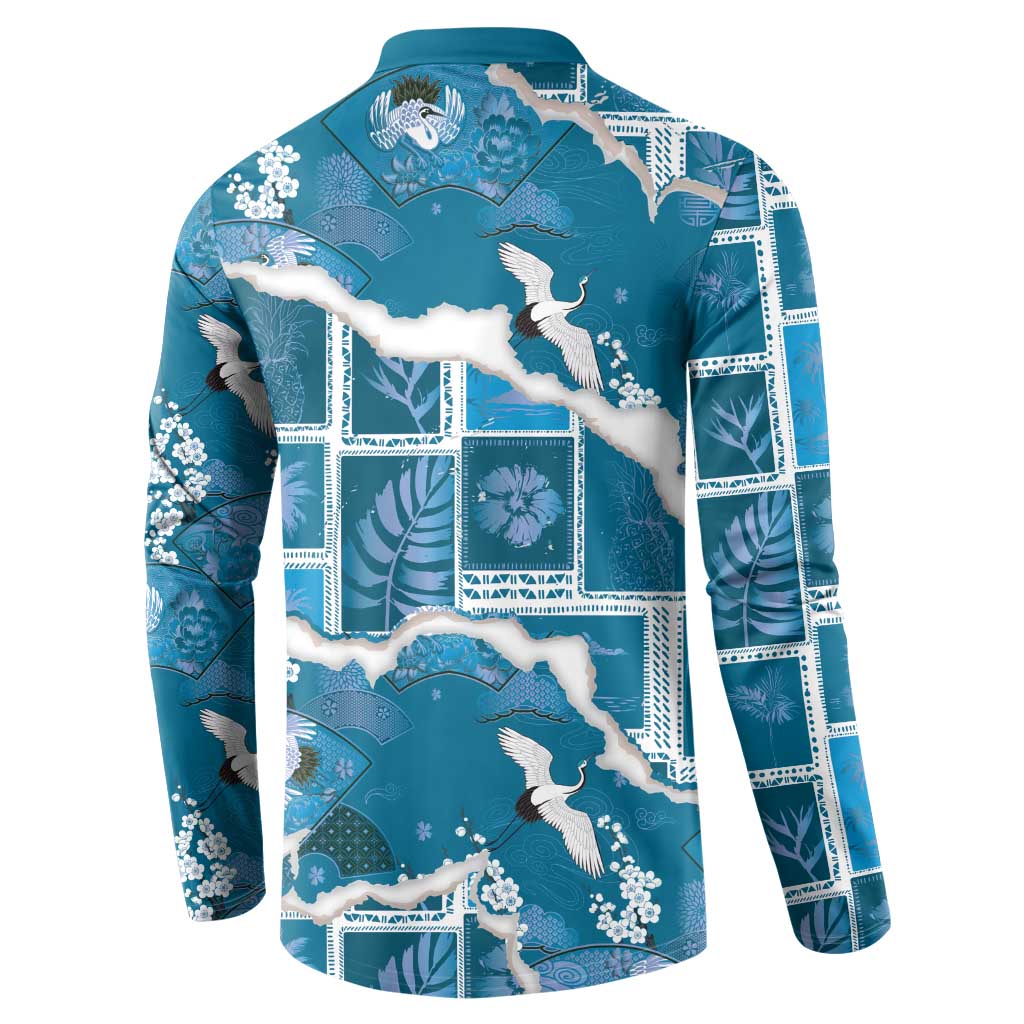 Hawaii Japanese Culture Blue Button Sweatshirt Spring Cranes Aloha Pattern LT01 - Polynesian Pride