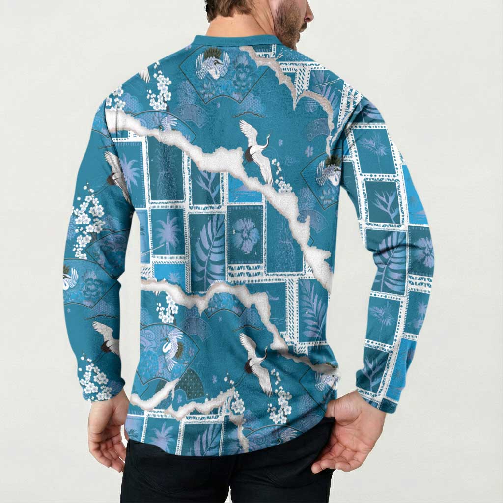 Hawaii Japanese Culture Blue Button Sweatshirt Spring Cranes Aloha Pattern LT01 - Polynesian Pride