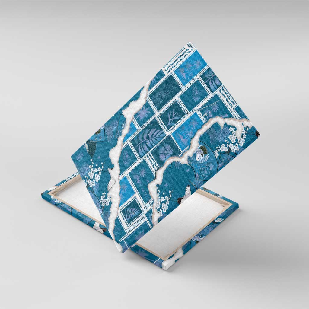 Hawaii Japanese Culture Blue Canvas Wall Art Spring Cranes Aloha Pattern LT01 With Frame Blue - Polynesian Pride