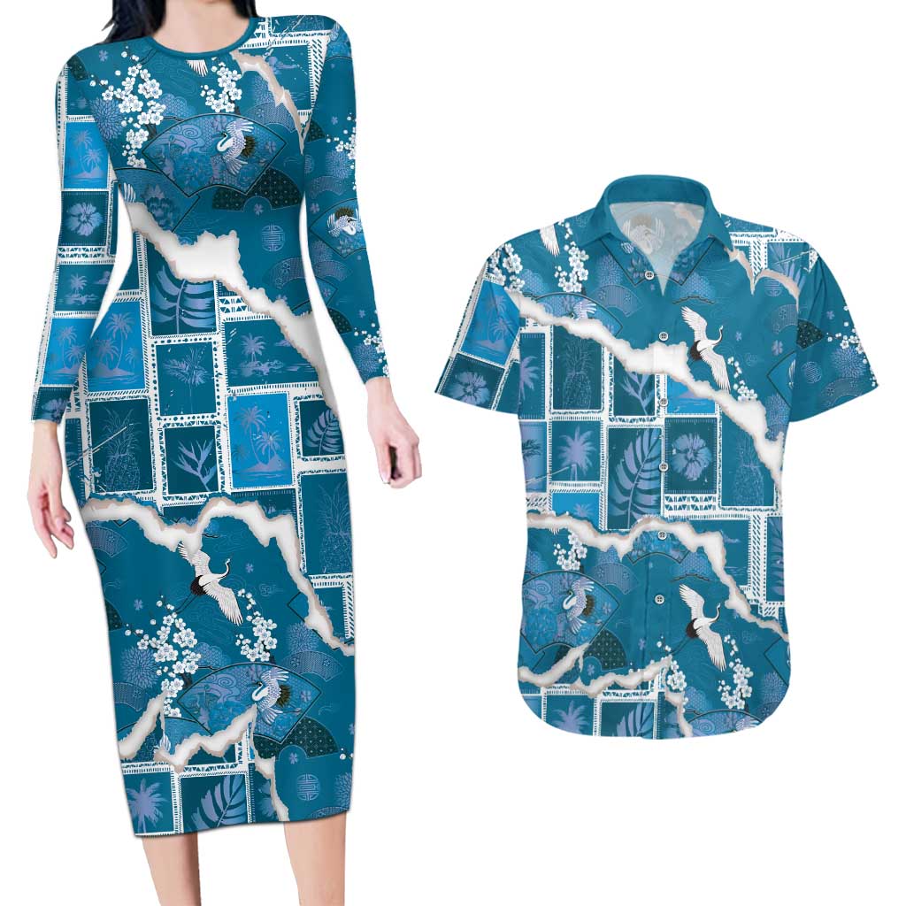 Hawaii Japanese Culture Blue Couples Matching Long Sleeve Bodycon Dress and Hawaiian Shirt Spring Cranes Aloha Pattern LT01 Blue - Polynesian Pride