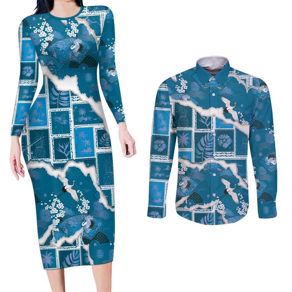 Hawaii Japanese Culture Blue Couples Matching Long Sleeve Bodycon Dress and Long Sleeve Button Shirt Spring Cranes Aloha Pattern LT01 Blue - Polynesian Pride