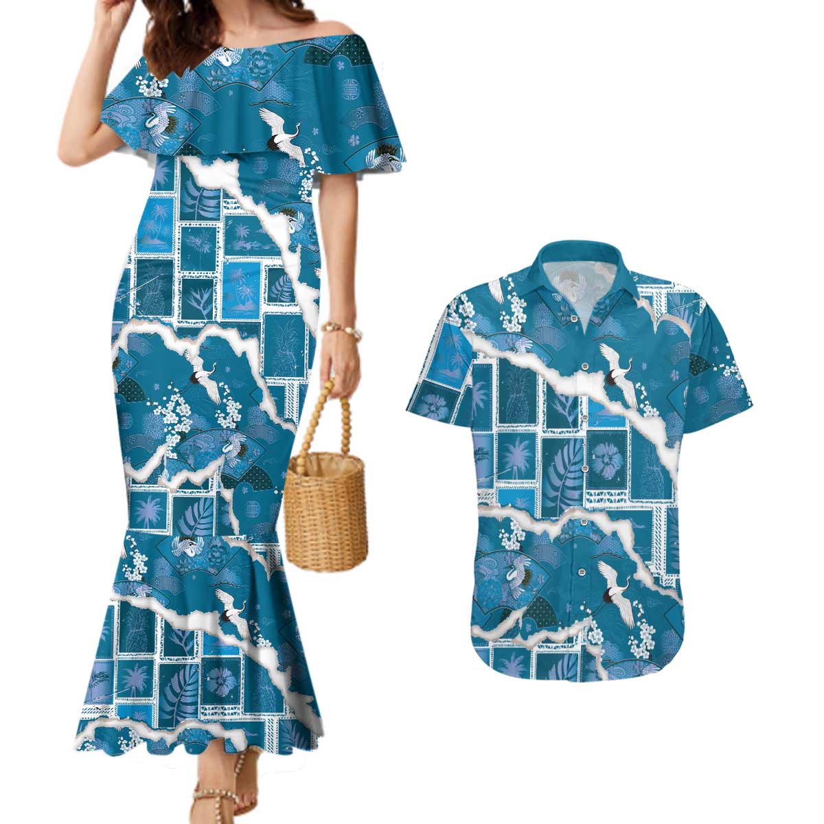 Hawaii Japanese Culture Blue Couples Matching Mermaid Dress and Hawaiian Shirt Spring Cranes Aloha Pattern
