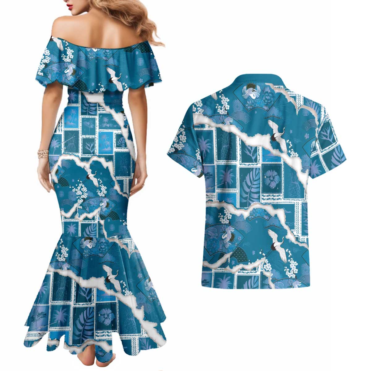 Hawaii Japanese Culture Blue Couples Matching Mermaid Dress and Hawaiian Shirt Spring Cranes Aloha Pattern