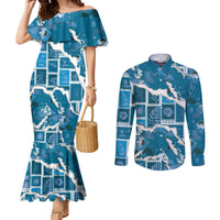 Hawaii Japanese Culture Blue Couples Matching Mermaid Dress and Long Sleeve Button Shirt Spring Cranes Aloha Pattern LT01 Blue - Polynesian Pride