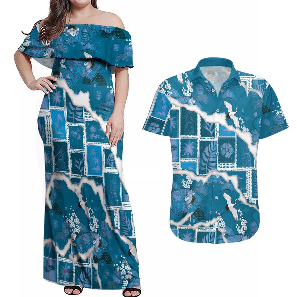 Hawaii Japanese Culture Blue Couples Matching Off Shoulder Maxi Dress and Hawaiian Shirt Spring Cranes Aloha Pattern LT01 Blue - Polynesian Pride