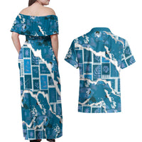 Hawaii Japanese Culture Blue Couples Matching Off Shoulder Maxi Dress and Hawaiian Shirt Spring Cranes Aloha Pattern LT01 - Polynesian Pride