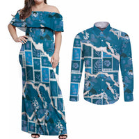 Hawaii Japanese Culture Blue Couples Matching Off Shoulder Maxi Dress and Long Sleeve Button Shirt Spring Cranes Aloha Pattern