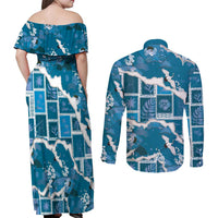 Hawaii Japanese Culture Blue Couples Matching Off Shoulder Maxi Dress and Long Sleeve Button Shirt Spring Cranes Aloha Pattern