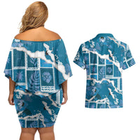 Hawaii Japanese Culture Blue Couples Matching Off Shoulder Short Dress and Hawaiian Shirt Spring Cranes Aloha Pattern