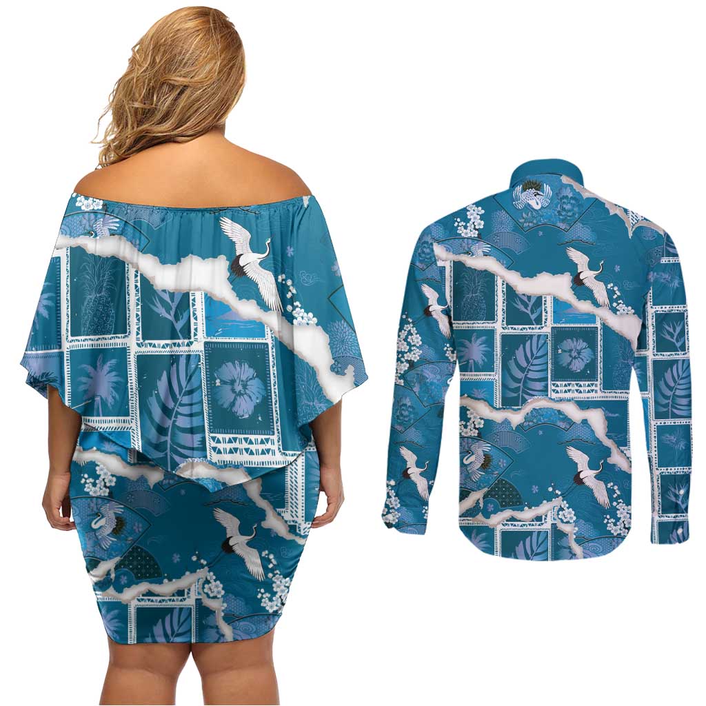 Hawaii Japanese Culture Blue Couples Matching Off Shoulder Short Dress and Long Sleeve Button Shirt Spring Cranes Aloha Pattern LT01 - Polynesian Pride