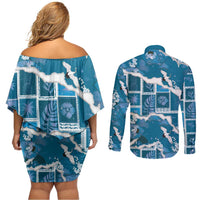 Hawaii Japanese Culture Blue Couples Matching Off Shoulder Short Dress and Long Sleeve Button Shirt Spring Cranes Aloha Pattern LT01 - Polynesian Pride