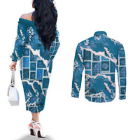 Hawaii Japanese Culture Blue Couples Matching Off The Shoulder Long Sleeve Dress and Long Sleeve Button Shirt Spring Cranes Aloha Pattern LT01 - Polynesian Pride
