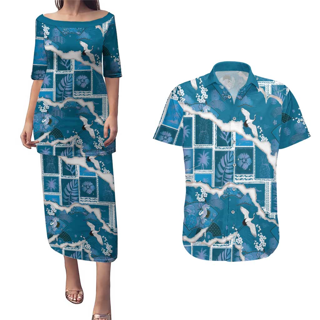 Hawaii Japanese Culture Blue Couples Matching Puletasi and Hawaiian Shirt Spring Cranes Aloha Pattern LT01 Blue - Polynesian Pride