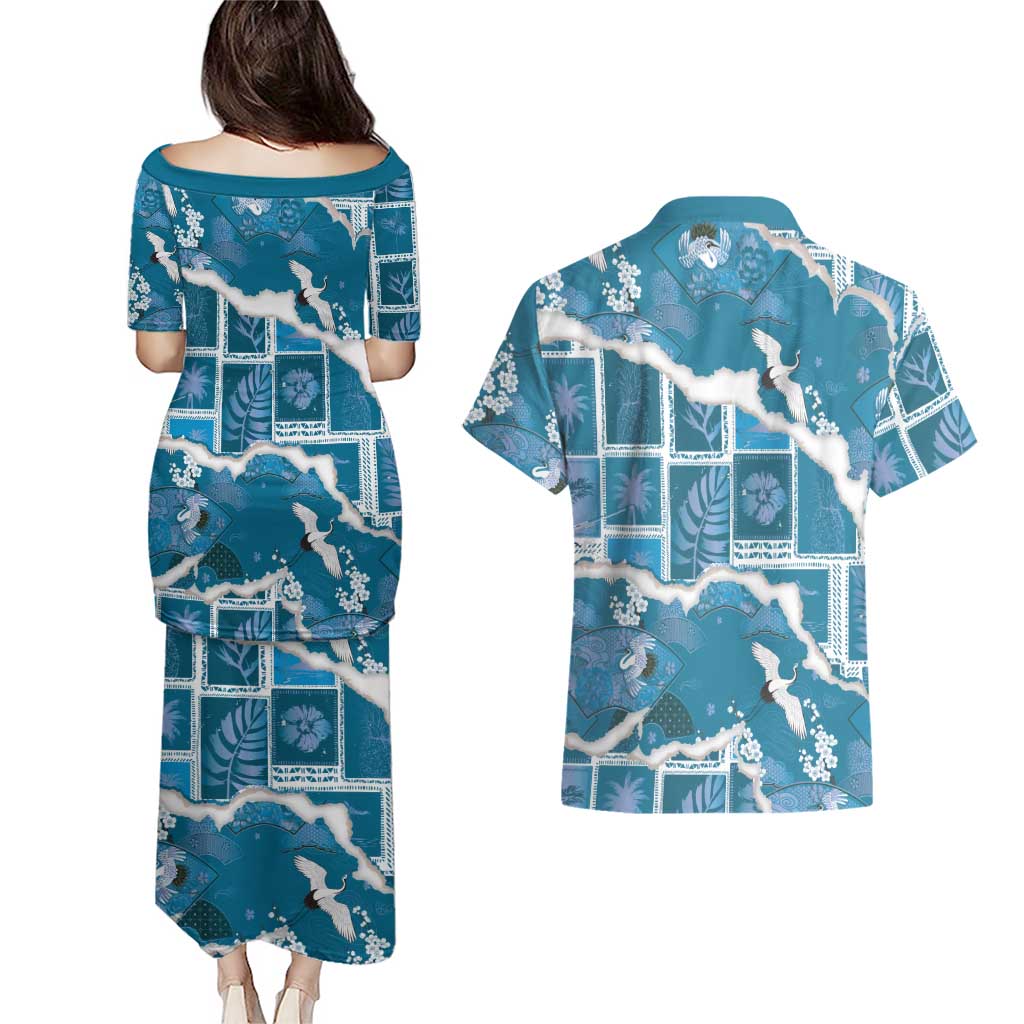 Hawaii Japanese Culture Blue Couples Matching Puletasi and Hawaiian Shirt Spring Cranes Aloha Pattern