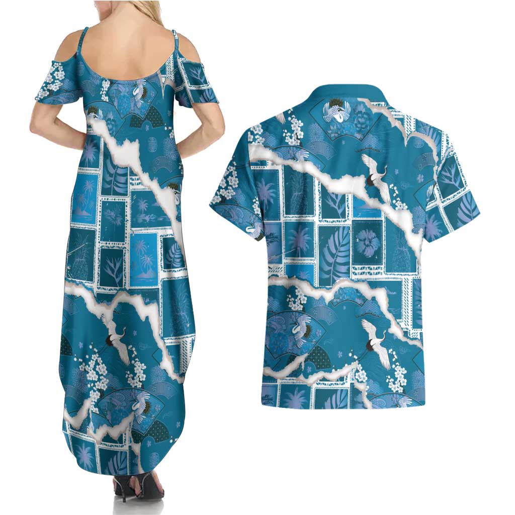 Hawaii Japanese Culture Blue Couples Matching Summer Maxi Dress and Hawaiian Shirt Spring Cranes Aloha Pattern LT01 - Polynesian Pride