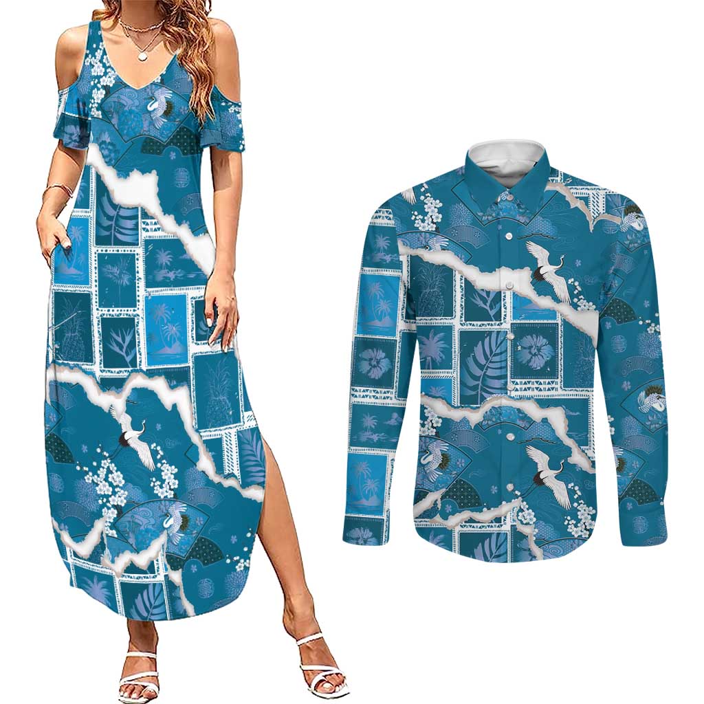 Hawaii Japanese Culture Blue Couples Matching Summer Maxi Dress and Long Sleeve Button Shirt Spring Cranes Aloha Pattern LT01 Blue - Polynesian Pride