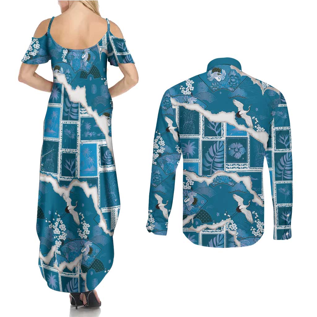 Hawaii Japanese Culture Blue Couples Matching Summer Maxi Dress and Long Sleeve Button Shirt Spring Cranes Aloha Pattern LT01 - Polynesian Pride